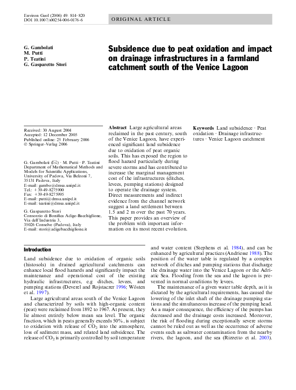 (PDF) Subsidence due to peat oxidation and impact on drainage ...