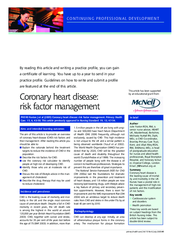 (PDF) Coronary heart disease: risk factor management