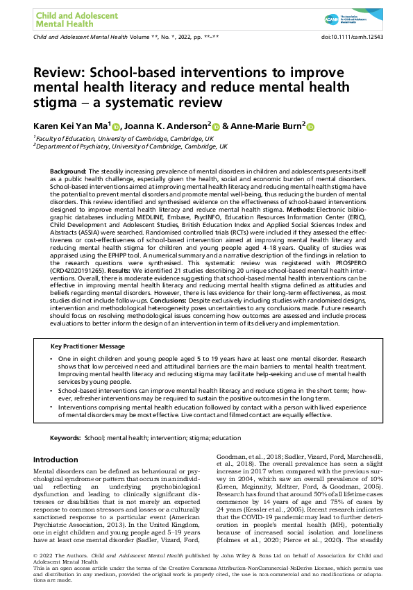 (PDF) Review: School‐based interventions to improve mental health ...