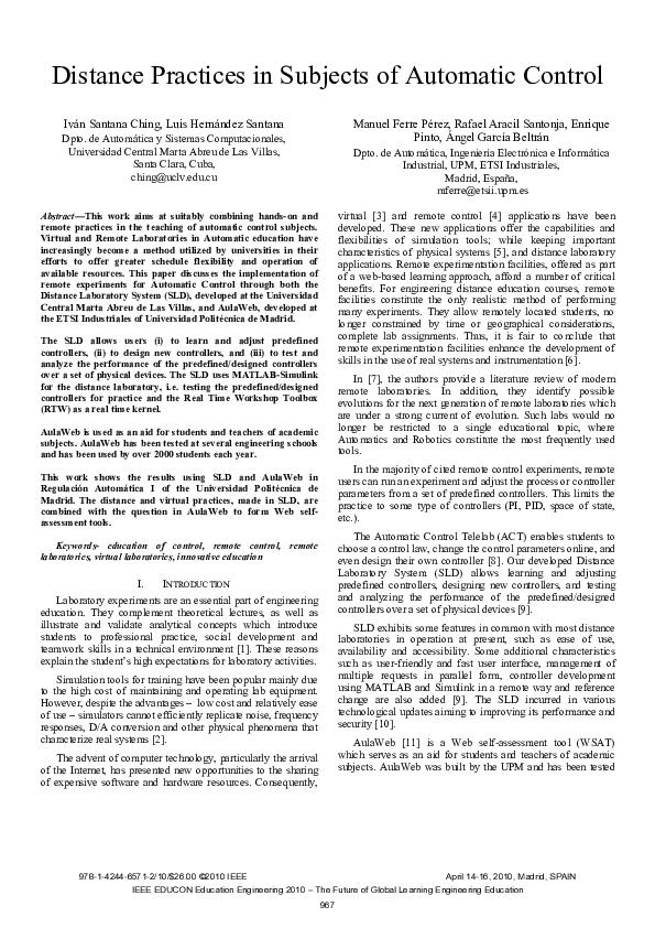 (PDF) Distance practices in subjects of automatic control