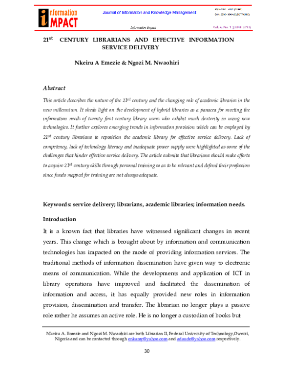(PDF) 21 ST Century Librarians and Effective Information Service Delivery
