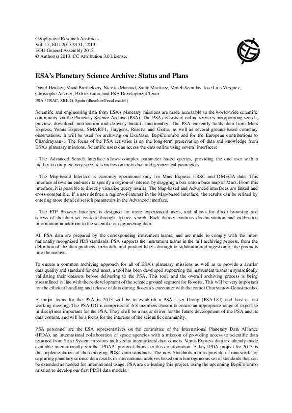 (PDF) ESA'S Planetary Science Archive: Status and Plans