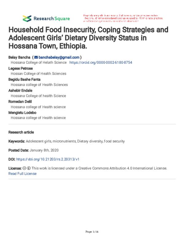 (PDF) Household Food Insecurity, Coping Strategies and Adolescent Girls ...