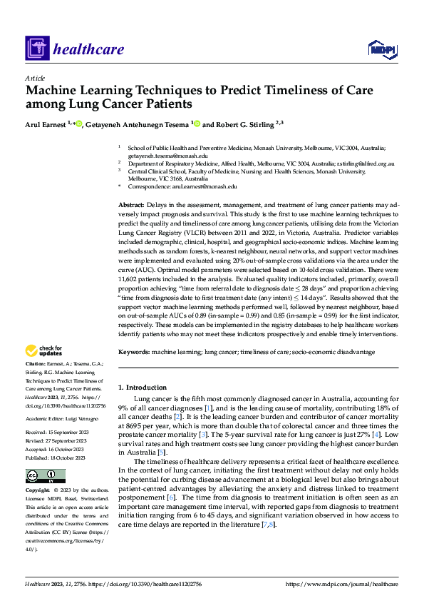 (PDF) Machine Learning Techniques to Predict Timeliness of Care among ...