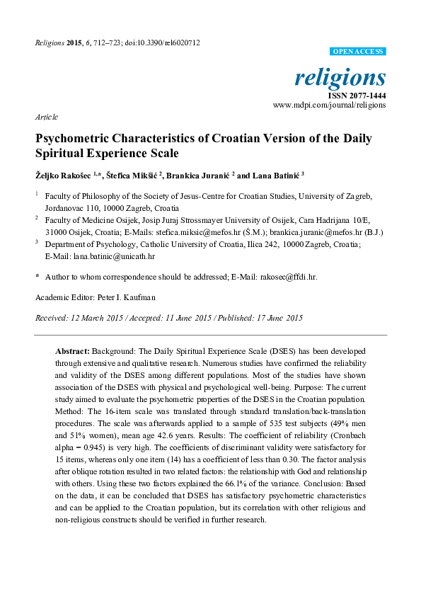 (PDF) Psychometric Characteristics of the Croatian Version of the Zarit