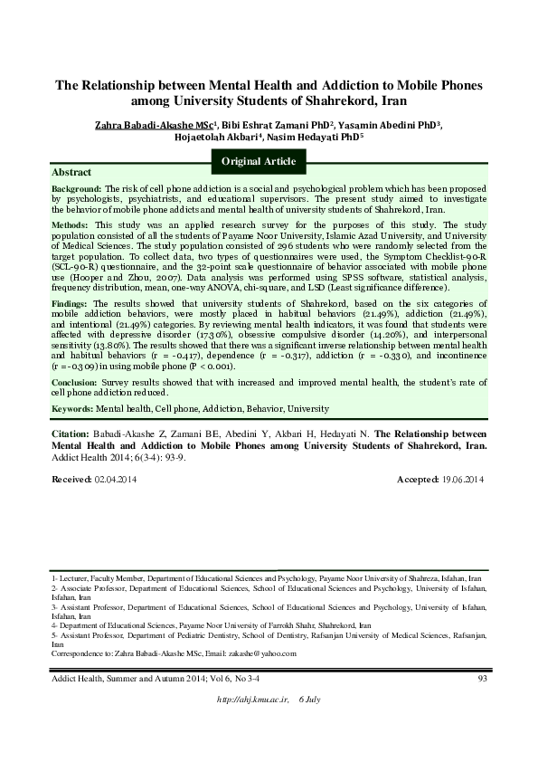 (PDF) The Relationship between Mental Health and Addiction to Mobile ...
