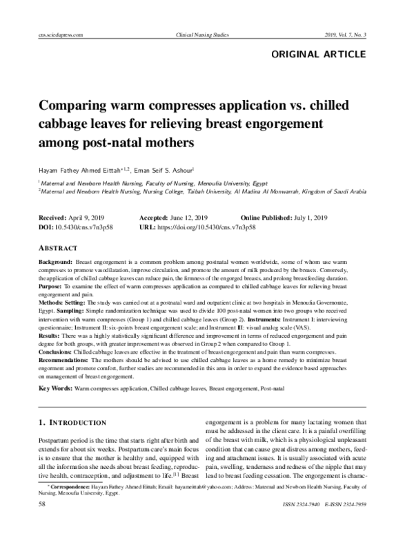 (PDF) Comparing warm compresses application vs. chilled cabbage leaves ...