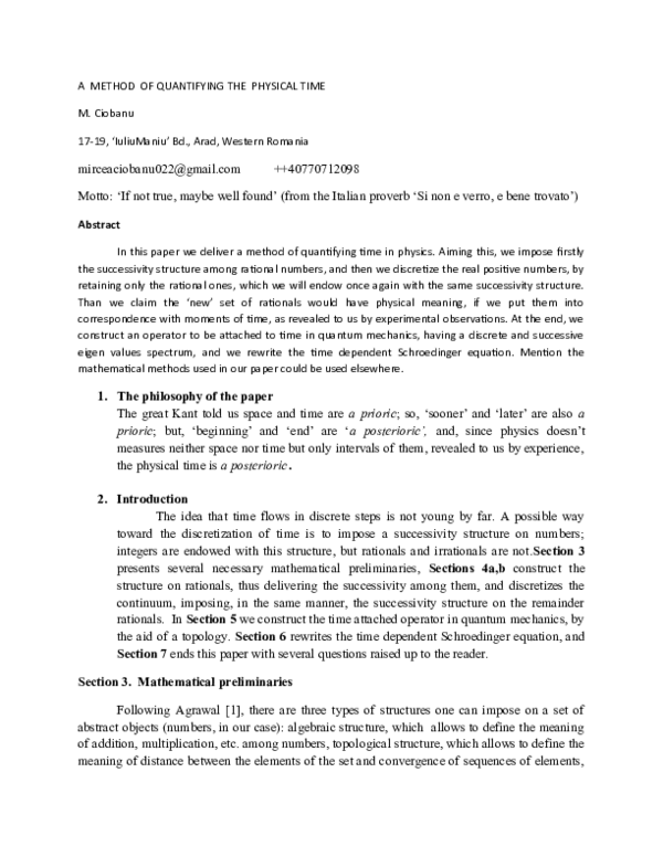 (DOC) A METHOD OF QUANTIFYING THE PHYSICAL TIME