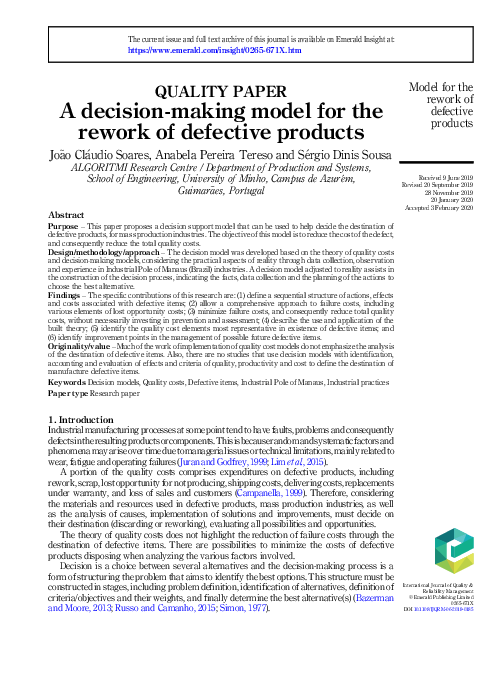 (PDF) A decision-making model for the rework of defective products