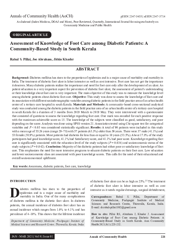 (PDF) Assessment of Knowledge of Foot Care among Diabetic Patients: A ...