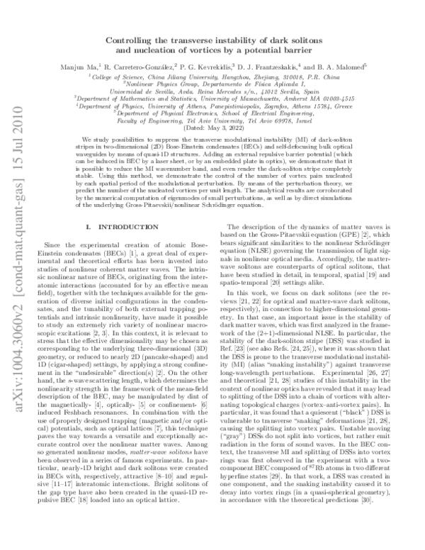 (PDF) Controlling the transverse instability of dark solitons and ...