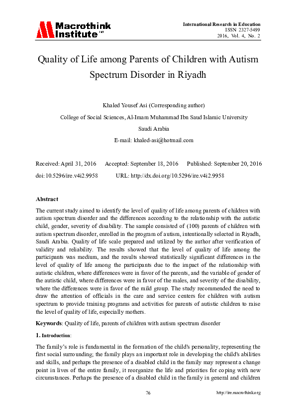 (PDF) Quality of Life among Parents of Children with Autism Spectrum ...