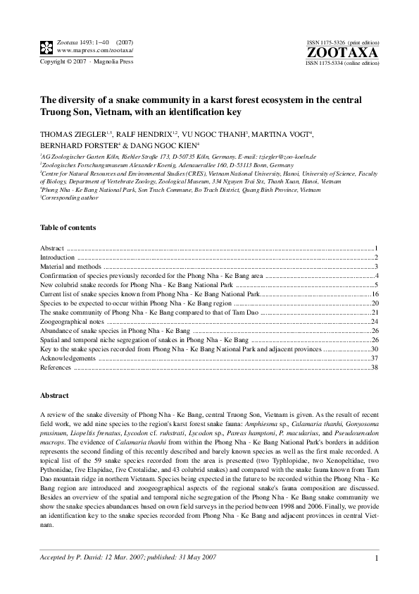 (PDF) The diversity of a snake community in a karst forest ecosystem in ...