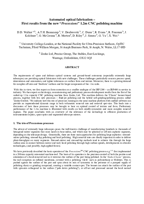 (PDF) Automated optical fabrication first results from the new Precessions 1.2m CNC polishing