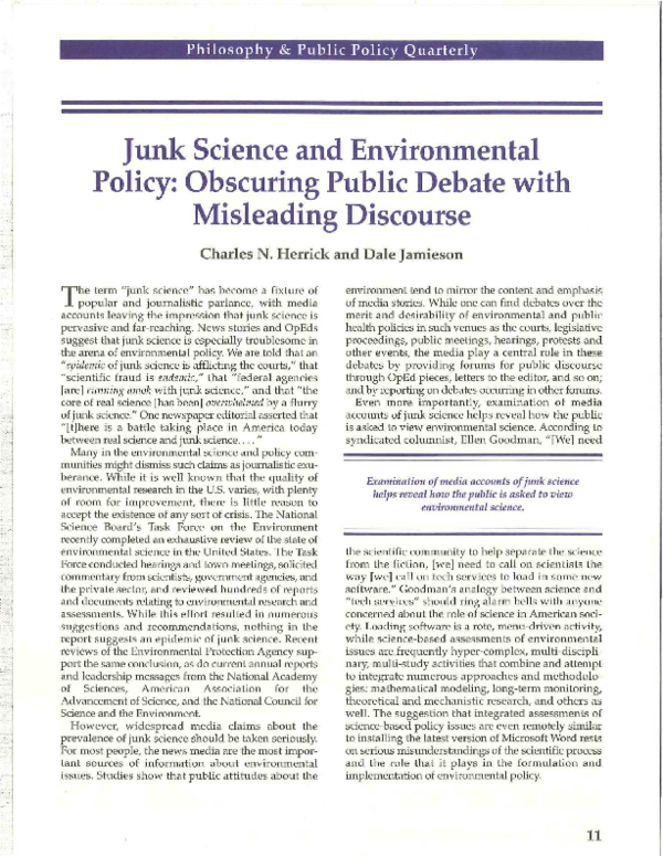 (PDF) Junk Science and Environmental Policy: Obscuring Public Debate ...