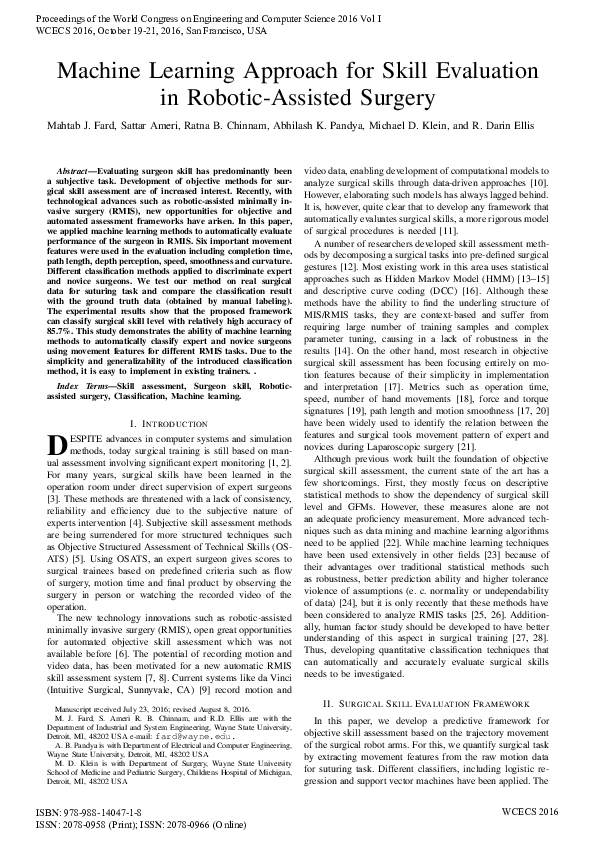 (PDF) Machine Learning Approach for Skill Evaluation in Robotic ...