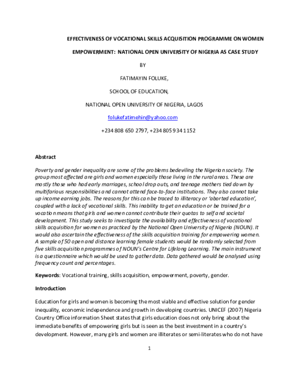 (PDF) Effectiveness Of Vocational Skills Acquisition Programme On Women ...