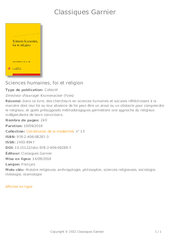 (PDF) Sciences humaines, foi et religion