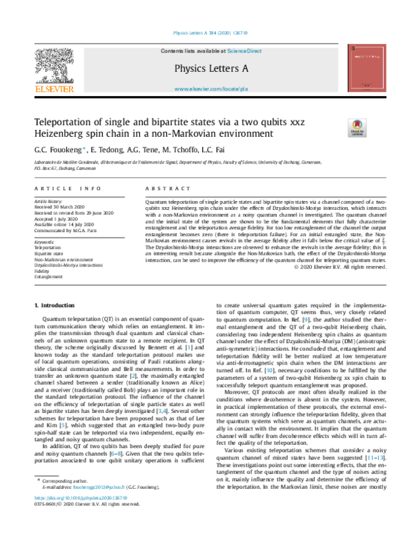 PDF) Teleportation of single and bipartite states via a two