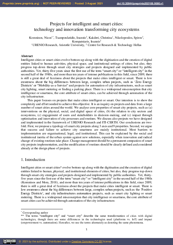 (PDF) Projects for Intelligent and Smart Cities: Technology and ...