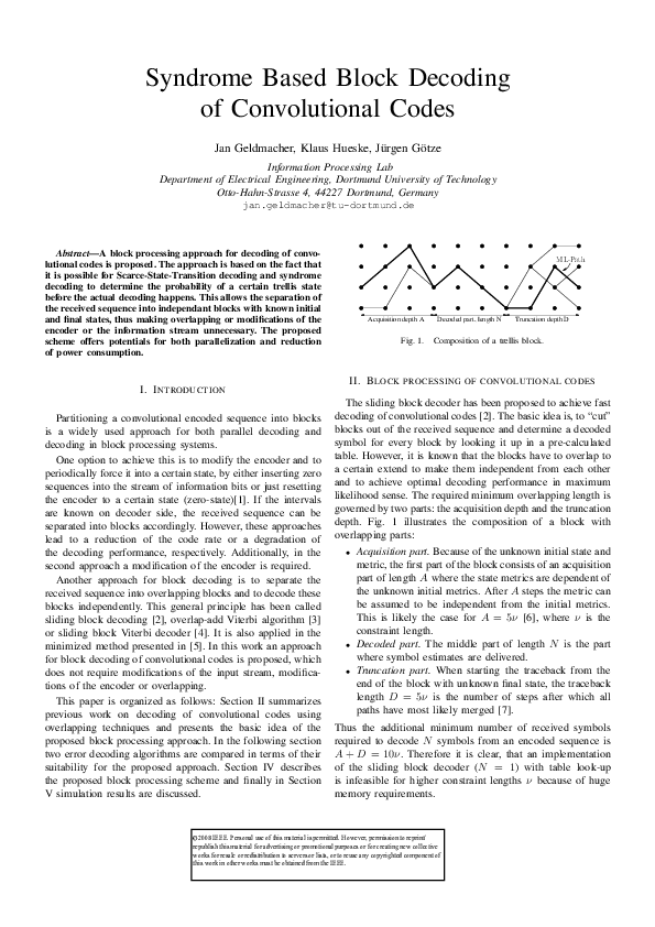 (PDF) Syndrome based block decoding of convolutional codes