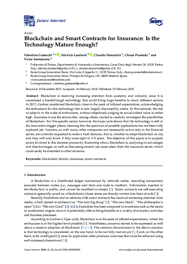 (PDF) Blockchain and Smart Contracts for Insurance: Is the Technology ...