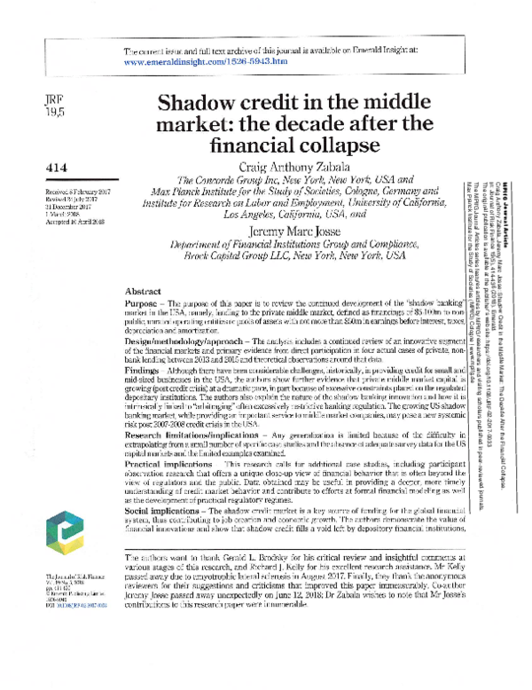 (PDF) Shadow credit in the middle market: the decade after the ...
