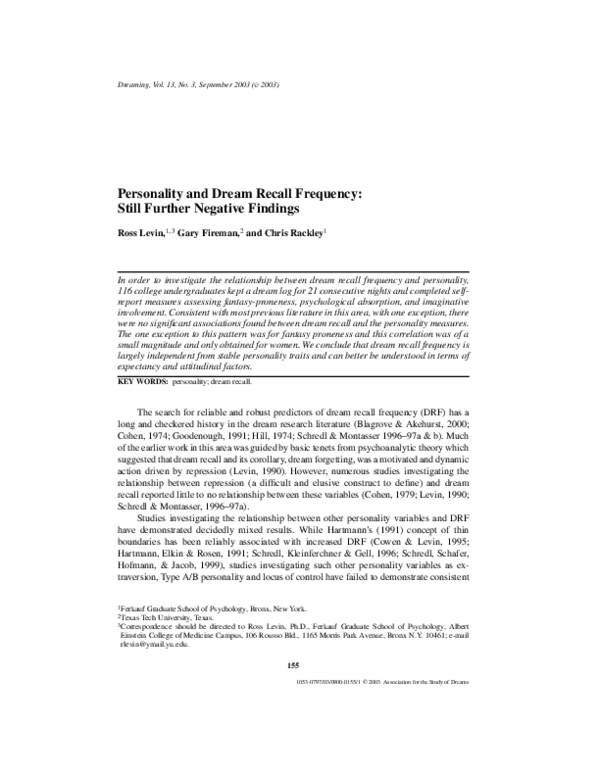 (PDF) Personality and dream recall frequency: Still further negative ...