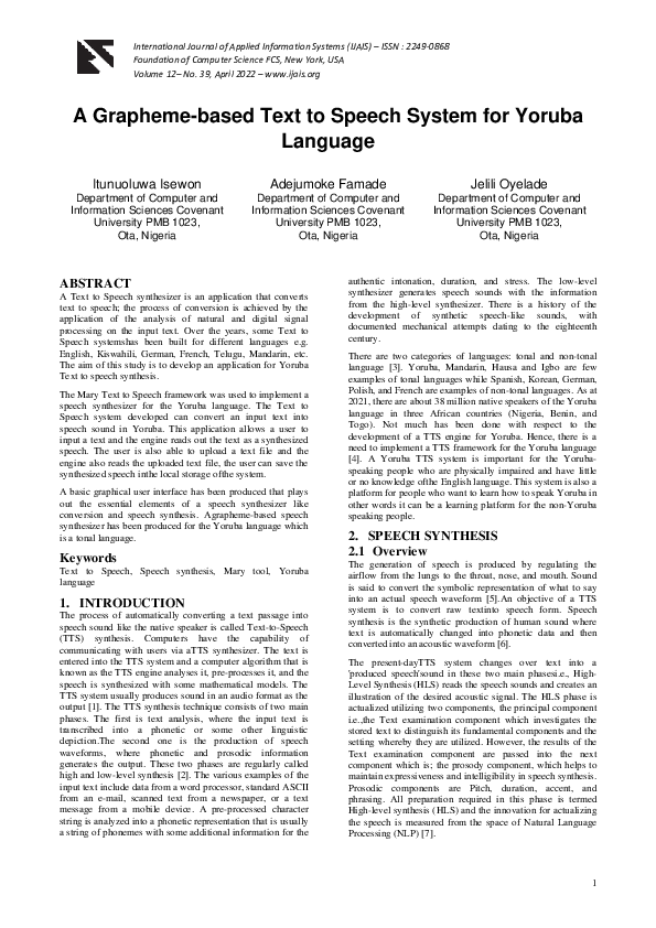 (PDF) A Grapheme-based Text to Speech System for Yoruba Language