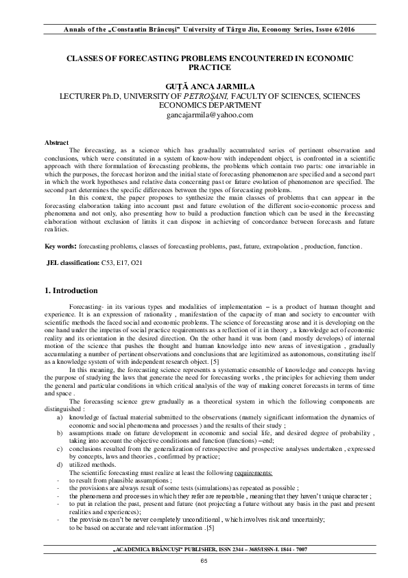 (PDF) Classes of Forecasting Problems Encountered in Economic Practice