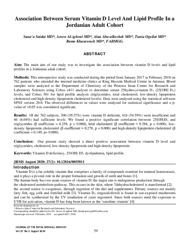 (PDF) Association Between Serum Vitamin D Level and Lipid Profile in a ...