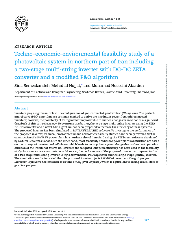 (PDF) Techno–economic–environmental feasibility study of a photovoltaic ...
