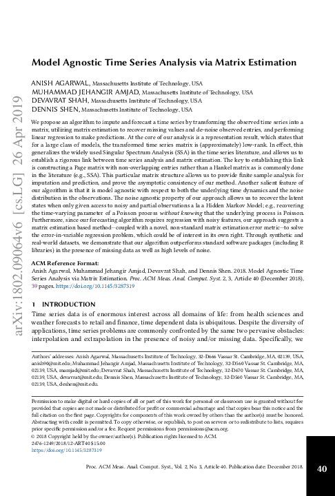 (PDF) Model Agnostic Time Series Analysis via Matrix Estimation