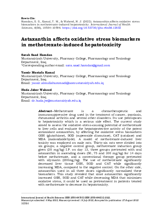 (PDF) Astaxanthin affects oxidative stress biomarkers in methotrexate ...