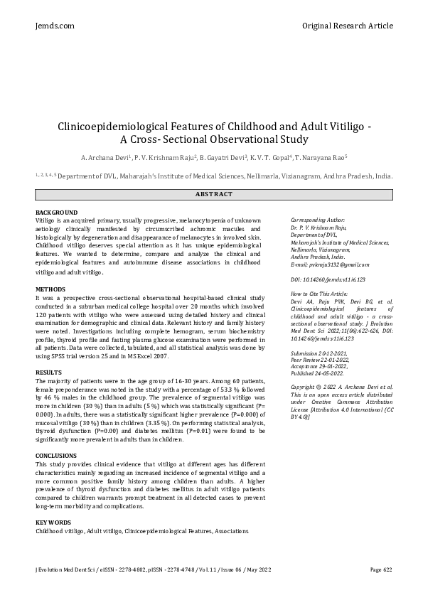 (PDF) Clinicoepidemiological Features of Childhood and Adult Vitiligo ...