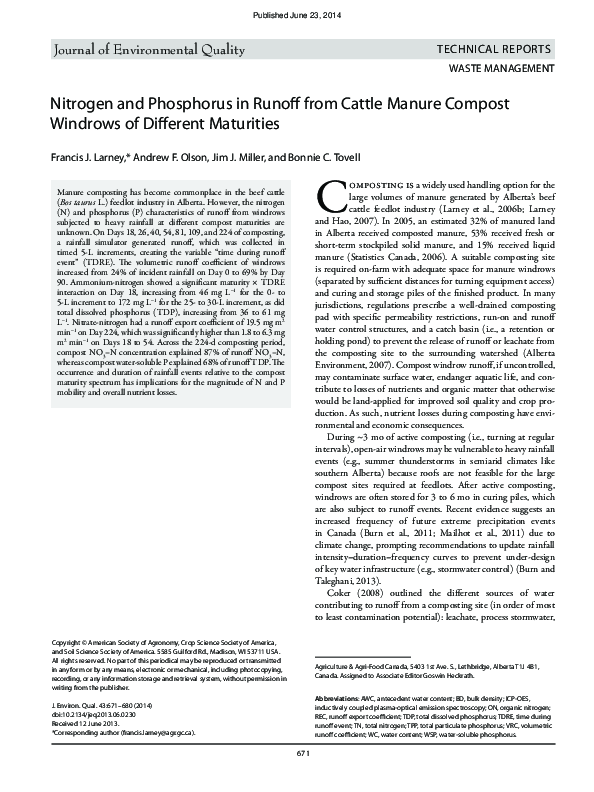 (PDF) Nitrogen and Phosphorus in Runoff from Cattle Manure Compost ...