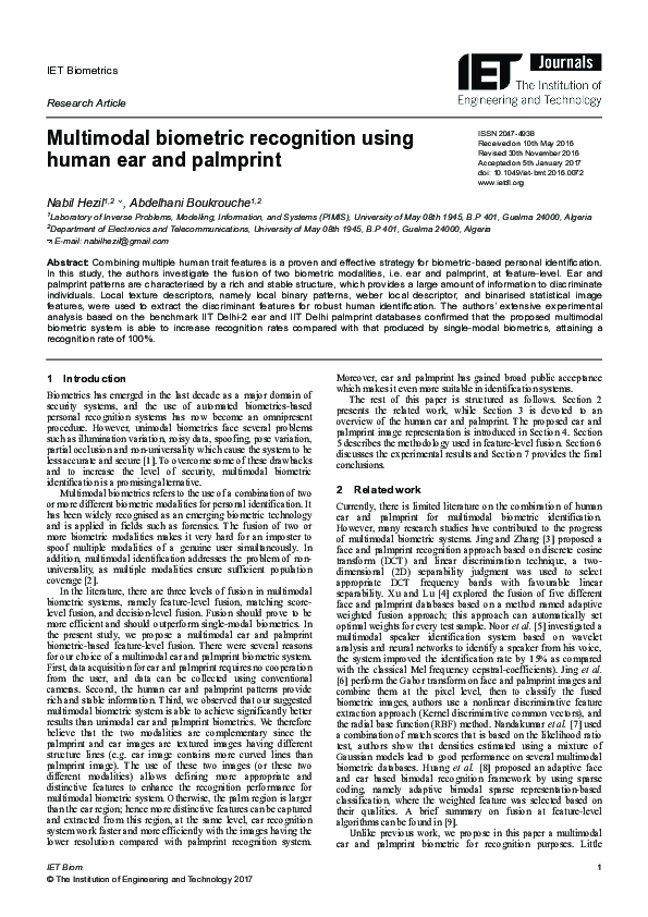 (PDF) Multimodal biometric recognition using human ear and palmprint