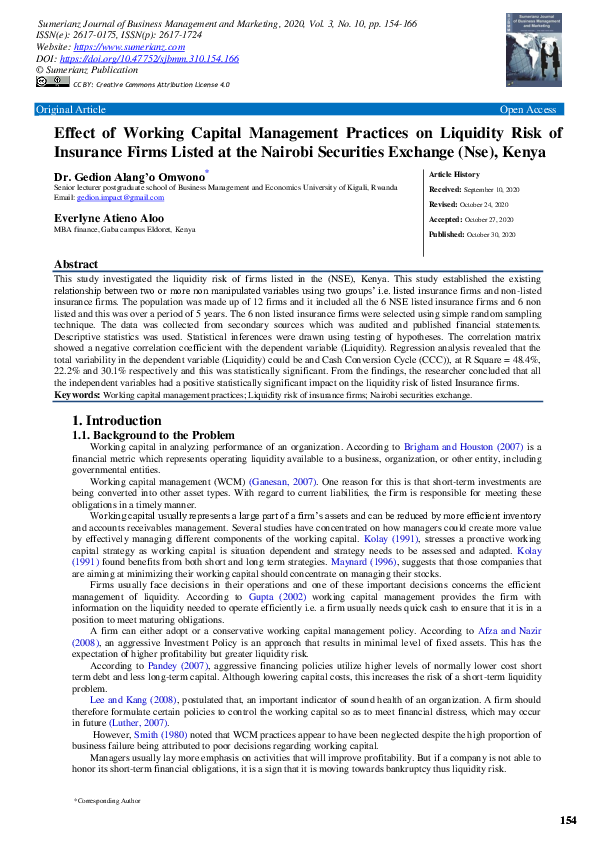 (PDF) Effect of Working Capital Management Practices on Liquidity Risk ...