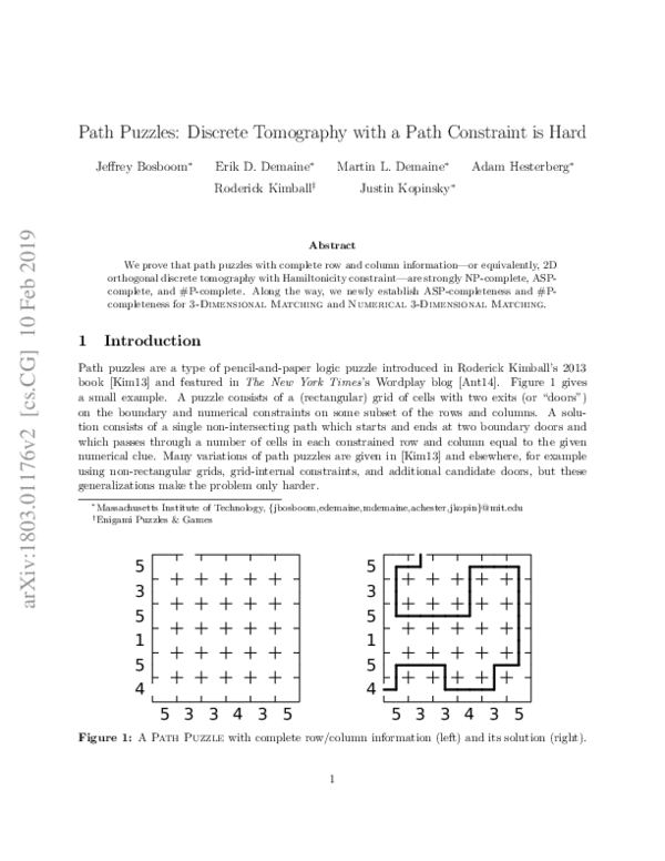 (PDF) Path Puzzles: Discrete Tomography with a Path Constraint is Hard
