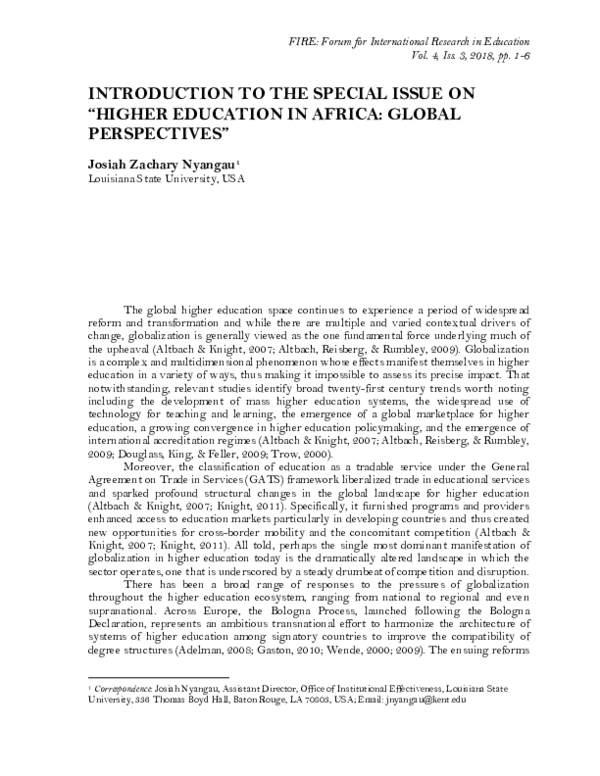 (PDF) Introduction to the Special Issue on Higher Education in Africa ...