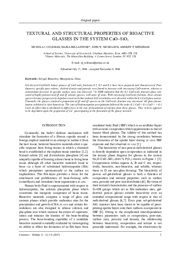 (PDF) TEXTURAL AND STRUCTURAL PROPERTIES OF BIOACTIVE GLASSES IN THE ...