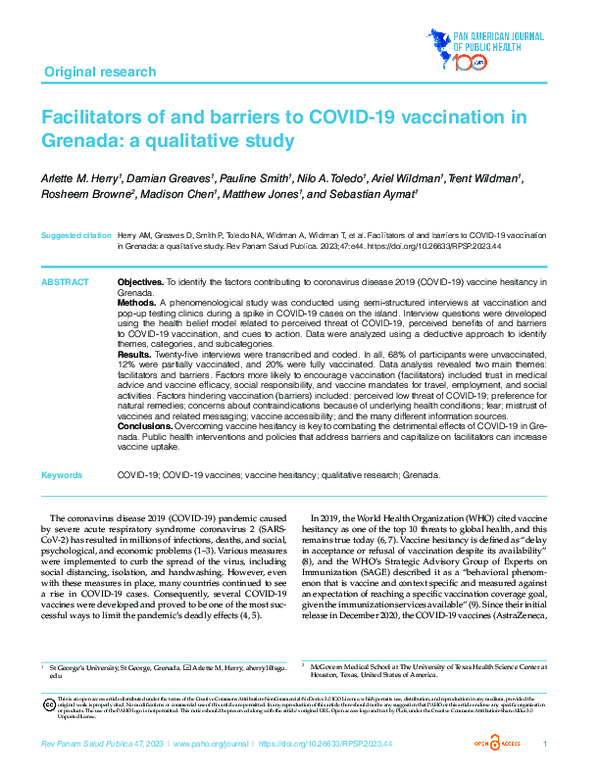 (PDF) Facilitators of and barriers to COVID-19 vaccination in Grenada ...