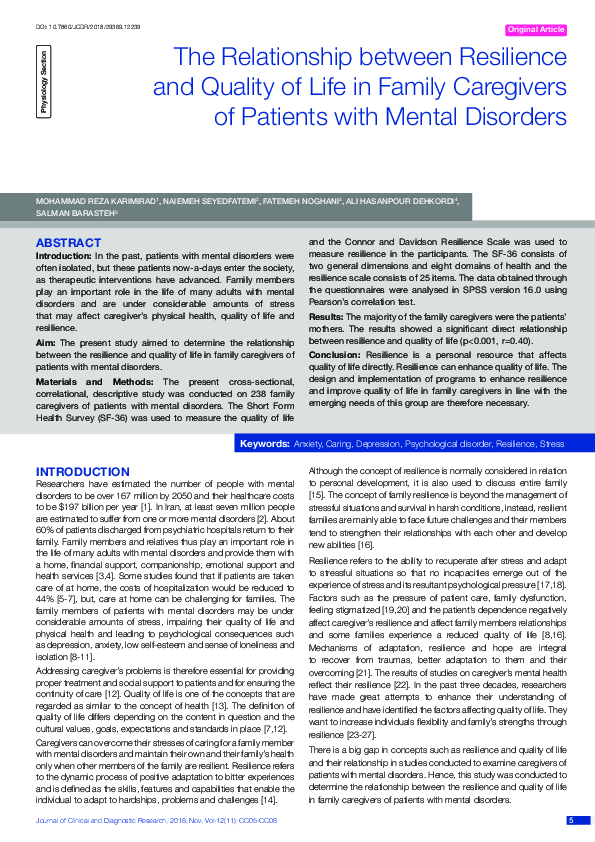(PDF) The Relationship between Resilience and Quality of Life in Family ...