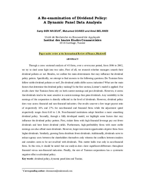 (PDF) A Re-examination of Dividend Policy: A Dynamic Panel Data Analysis