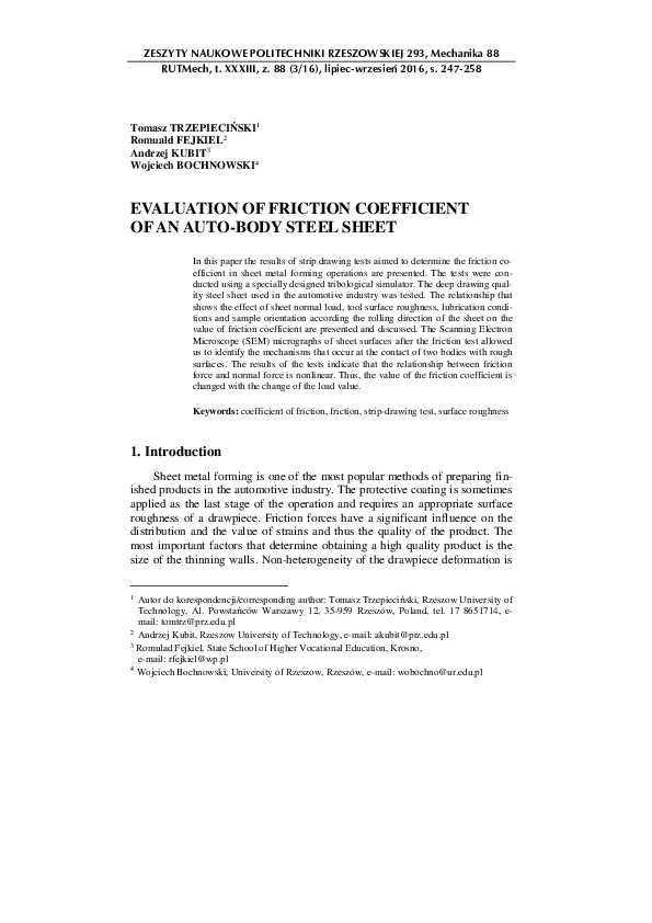 (PDF) Evaluation of friction coefficient of an auto-body steel sheet