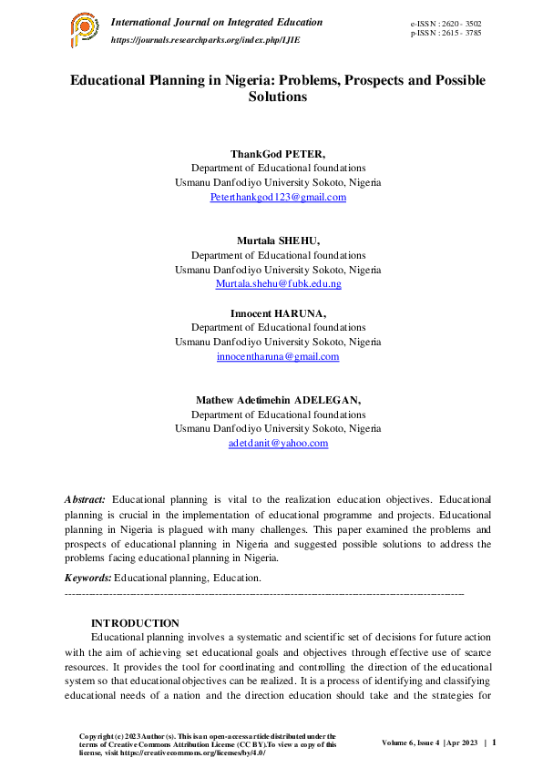 (PDF) Educational Planning in Nigeria Problems, Prospects and Possible