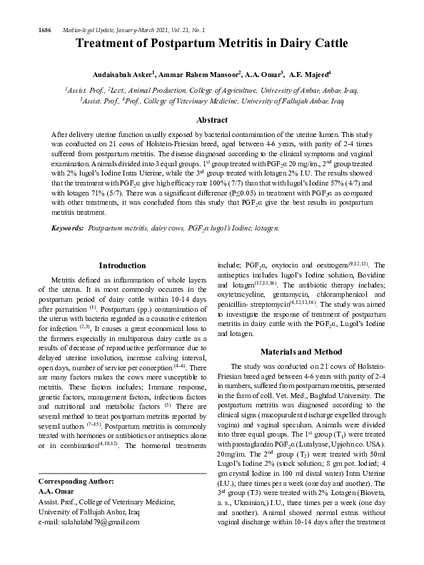 (PDF) Treatment of Postpartum Metritis in Dairy Cattle