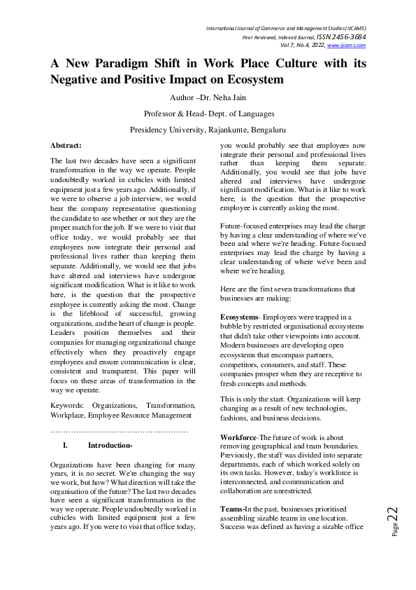 (PDF) A New Paradigm Shift in Work Place Culture with its Negative and ...