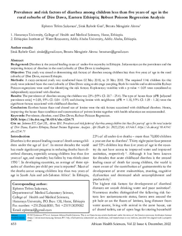 (PDF) Prevalence and risk factors of diarrhea among children less than ...