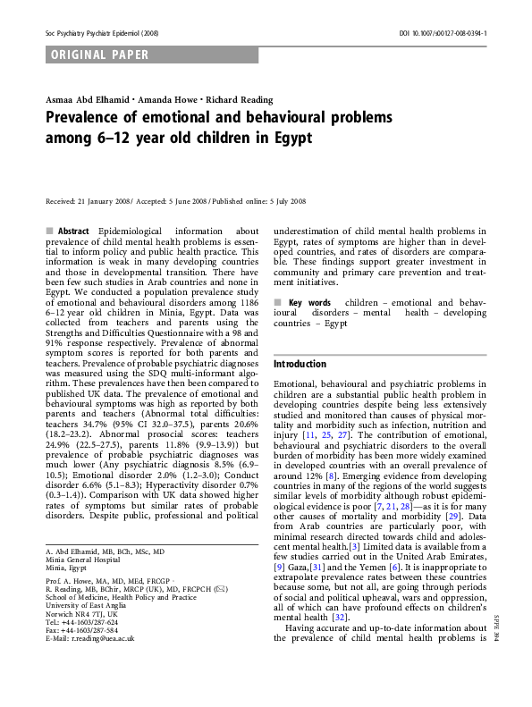 (PDF) Prevalence of emotional and behavioural problems among 6–12 year ...